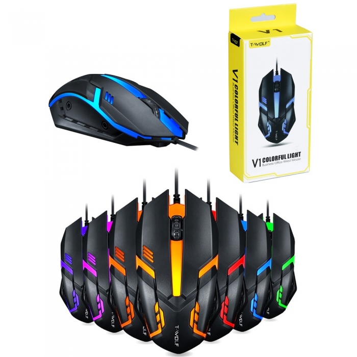 T-WOLF V1 Colorful Light Business Office Wired Mouse Stylish Optical Mouse